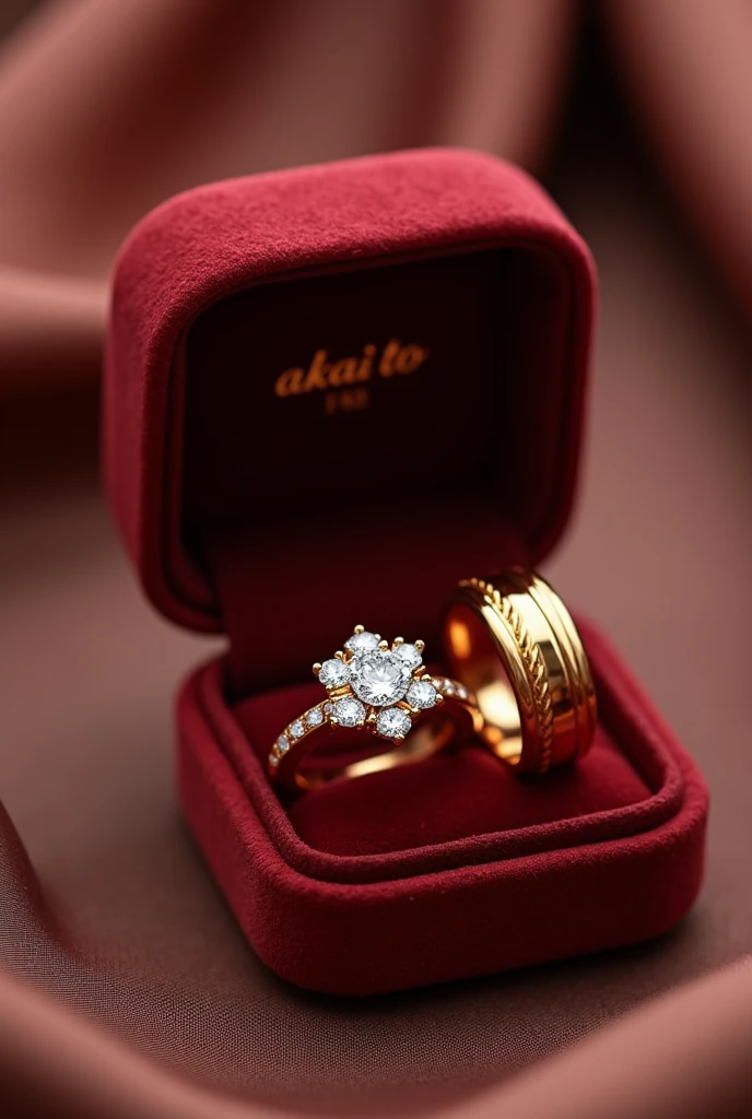 pair of wedding rings and engagement ring in gold color in a velvet box the men's ring is simple, only smooth and matching the women's ring the women's ring has a shiny minimalist diamond stone reminiscent of a flower with petals and around it a braided finish with small diamonds Inside the rings is written the word "AKAI TO"