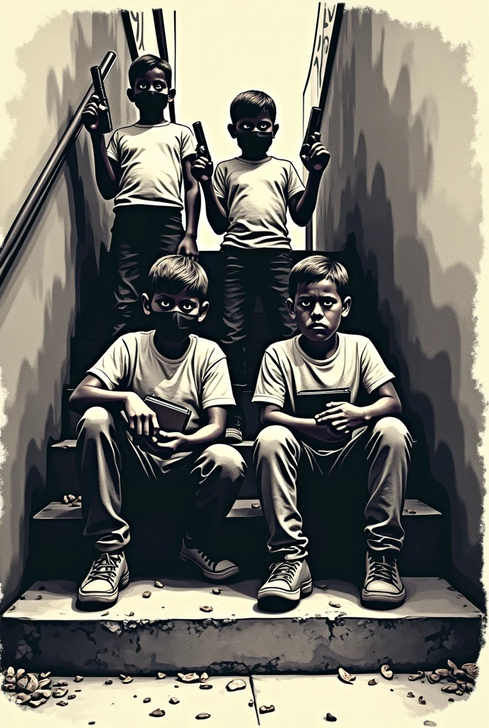 Draw a stencil shape of four children with different features on a staircase, where two are standing, two sitting, all wearing a shirt covering their face and pointing books as if they were weapons, looking like bandits from the favelas of Rio de Janeiro. The books should be of different sizes and the children should hold them as if they were holding a pistol., a rifle and machine guns, but instead of weapons, put books. 
