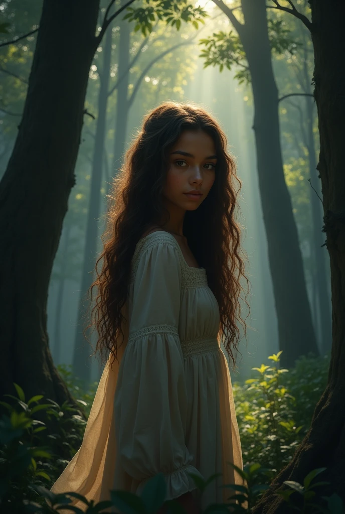 Create an image of a girl standing in a dark black forest, where tall trees seem to envelop her in shadows. Her brown skin shines subtly under the soft light that filters through the leaves.. Her brown hair, long and wavy, cascades over her shoulders to her waist, gently moving in the breeze. Her brown eyes reflect a sparkle of curiosity and courage..