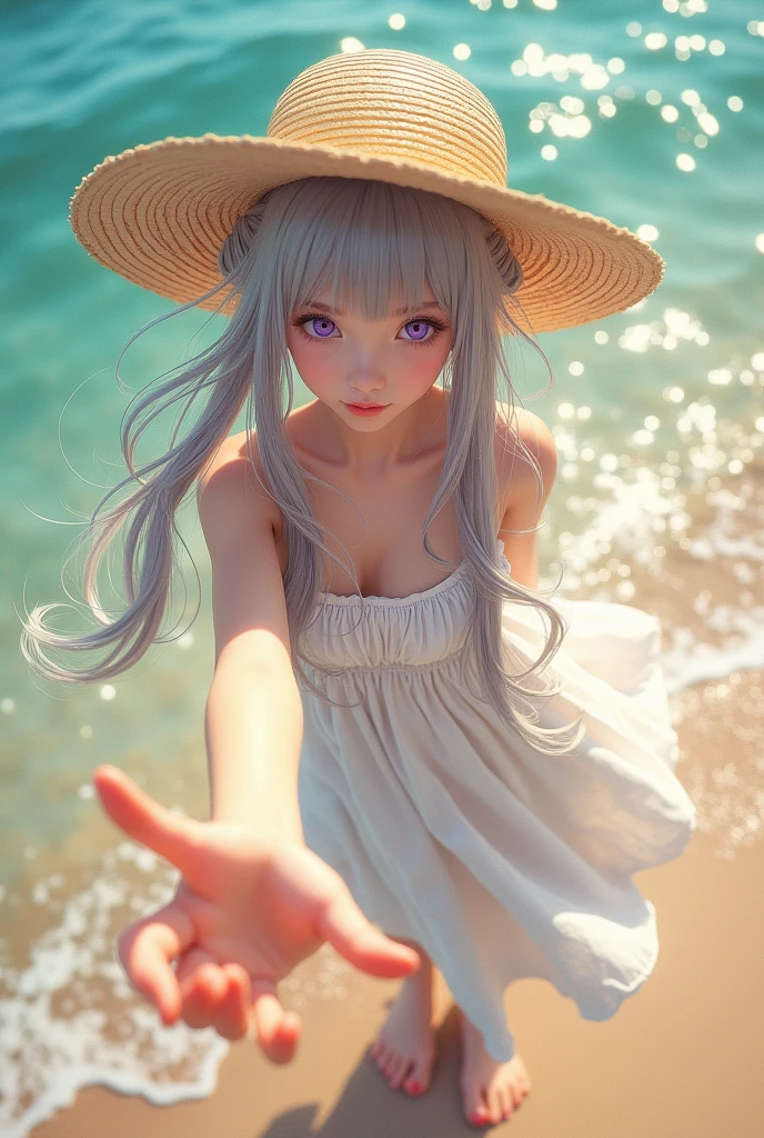 Highest quality, masterpiece, Girl from Ukraine,  Huge breasts, Gray Hair,Low twin tails, Purple eyes, Yukinecris, Thin twin tails,, Beach, Ocean, White Dress, White Skirt, White dress, Straw hat,  (((shy))), (Happy), Leaning forward, summer, From above, Reaching out, smile,