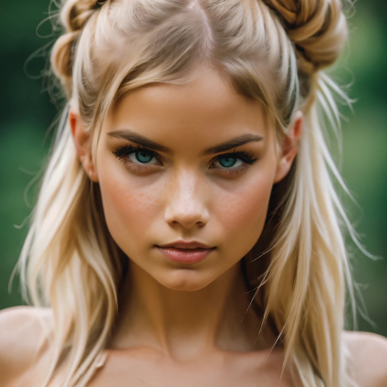 1girl, idol, close-up, collarbone, detailed face, photo, film, depth of field, skin texture, t-shirt, rubber band, topknot, long hair, messy hair, freckles, (best quality,4k,8k,highres,masterpiece:1.2),ultra-detailed,(realistic,photorealistic,photo-realistic:1.37),portrait photography,warm color tones,natural lighting,vibrant colors