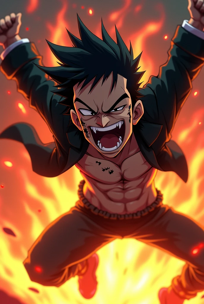 A anime boy with comeback attitude
With fire everything very very very angered shouting + vampire teeth and tattoo on face + fly in air in standing position +laughing loudly