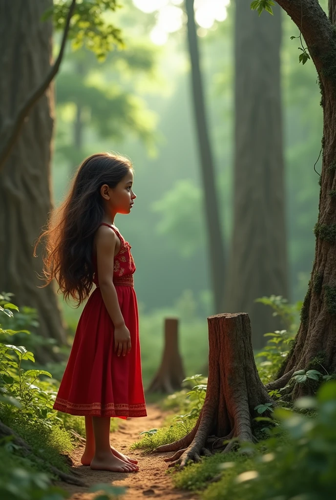 - Maya learns about the consequences of deforestation
- Introduce the community's role in cutting down the trees
- Show Maya's realization of the community's mistake 
3D image 
Maya wear red frock and having brown hair she is  and remove the face of tree
