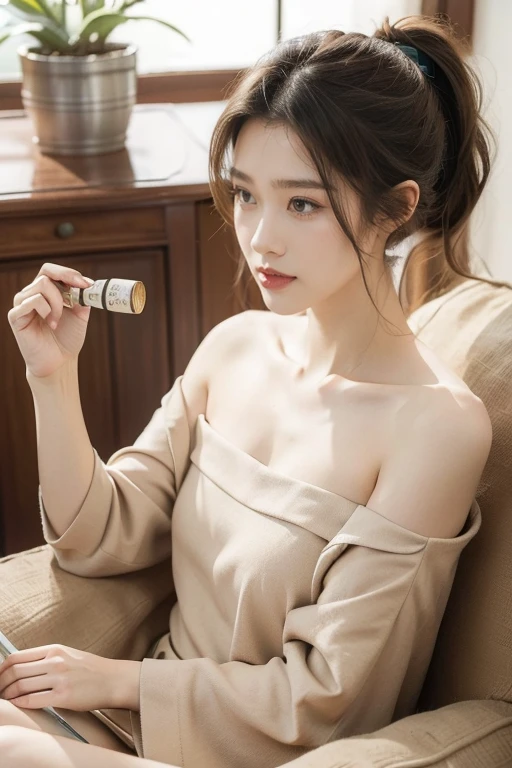 (((best quality))),(((Extremely detailed))),(((masterpiece))),illustration,((1 beautiful girl, university student,Solitary)),((Slim,Thin,Small Breasts,flat chest)),(Short Ponytail:1.2),(Strapless:1.2), study, books, dormitory, Summer Afternoon, Sky, Gloomy shadows, floor, Wooden table, bookshelf, Soft warm light, lamp, Soft light, Almond eyes, textbooks, daydream, beach, City, holiday, Smile, Pen, highlight, Pen记本, date,Soft cushion, Portable fan, sooThing breeze, Summer heat, herbal tea, thirst, Potted plants, Greenery, Vibrant Leaves, Comfortable atmosphere, Determine the expression, excel exam, summer vacation, intelligence, determination, Achieve your goals,((From the front,Close-up of face))