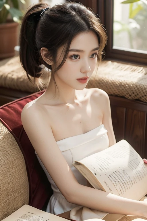 (((best quality))),(((Extremely detailed))),(((masterpiece))),illustration,((1 beautiful girl, university student,Solitary)),((Slim,Thin,Small Breasts,flat chest)),(Short Ponytail:1.2),(Strapless:1.2), study, books, dormitory, Summer Afternoon, Sky, Gloomy shadows, floor, Wooden table, bookshelf, Soft warm light, lamp, Soft light, Almond eyes, textbooks, daydream, beach, City, holiday, Smile, Pen, highlight, Pen记本, date,Soft cushion, Portable fan, sooThing breeze, Summer heat, herbal tea, thirst, Potted plants, Greenery, Vibrant Leaves, Comfortable atmosphere, Determine the expression, excel exam, summer vacation, intelligence, determination, Achieve your goals,((From the front,Close-up of face))