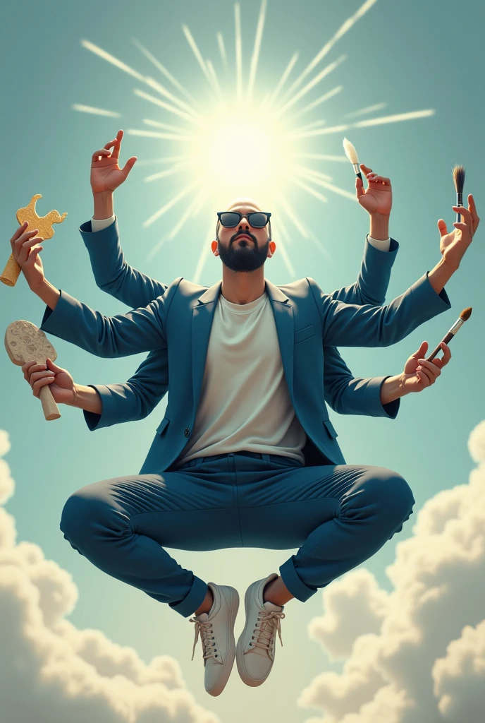 Bald man, sem beard, meditating sunglasses with blue blazer white sneakers floating with 6 arms, each hand an art tool