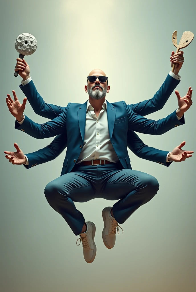 Bald man, sem beard, meditating sunglasses with blue blazer white sneakers floating with 6 arms, each hand an art tool