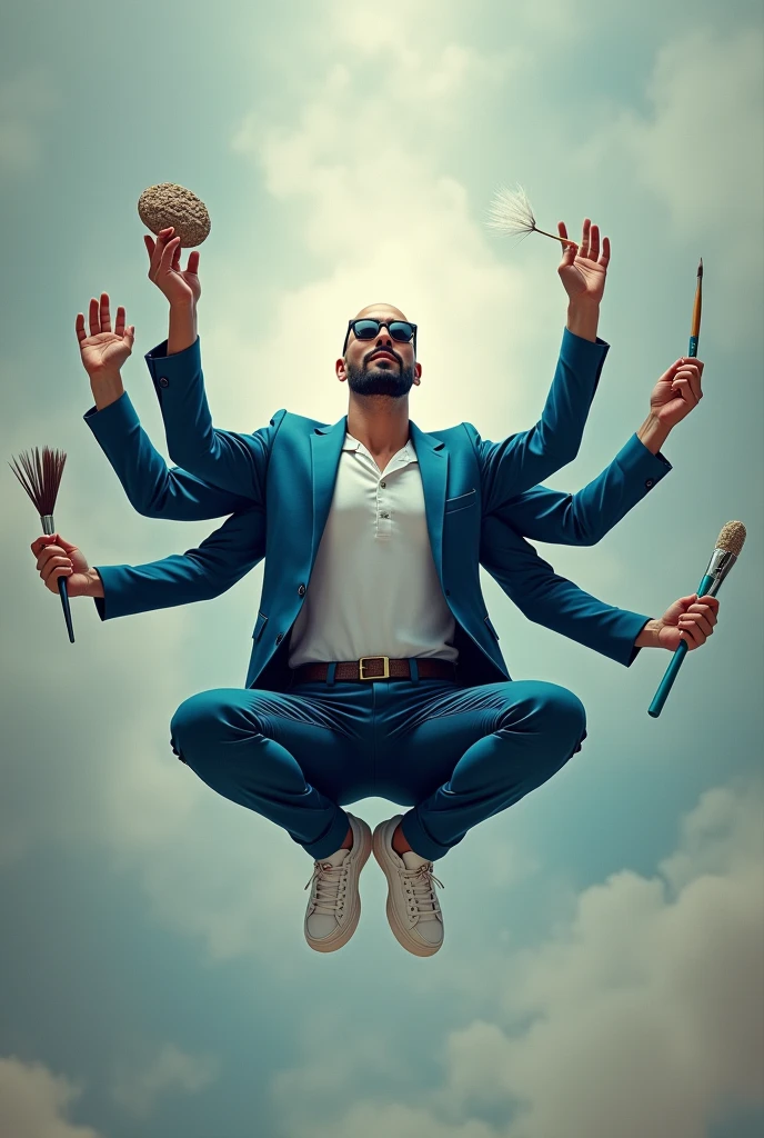 Bald man, sem beard, meditating sunglasses with blue blazer white sneakers floating with 6 arms, each hand an art tool