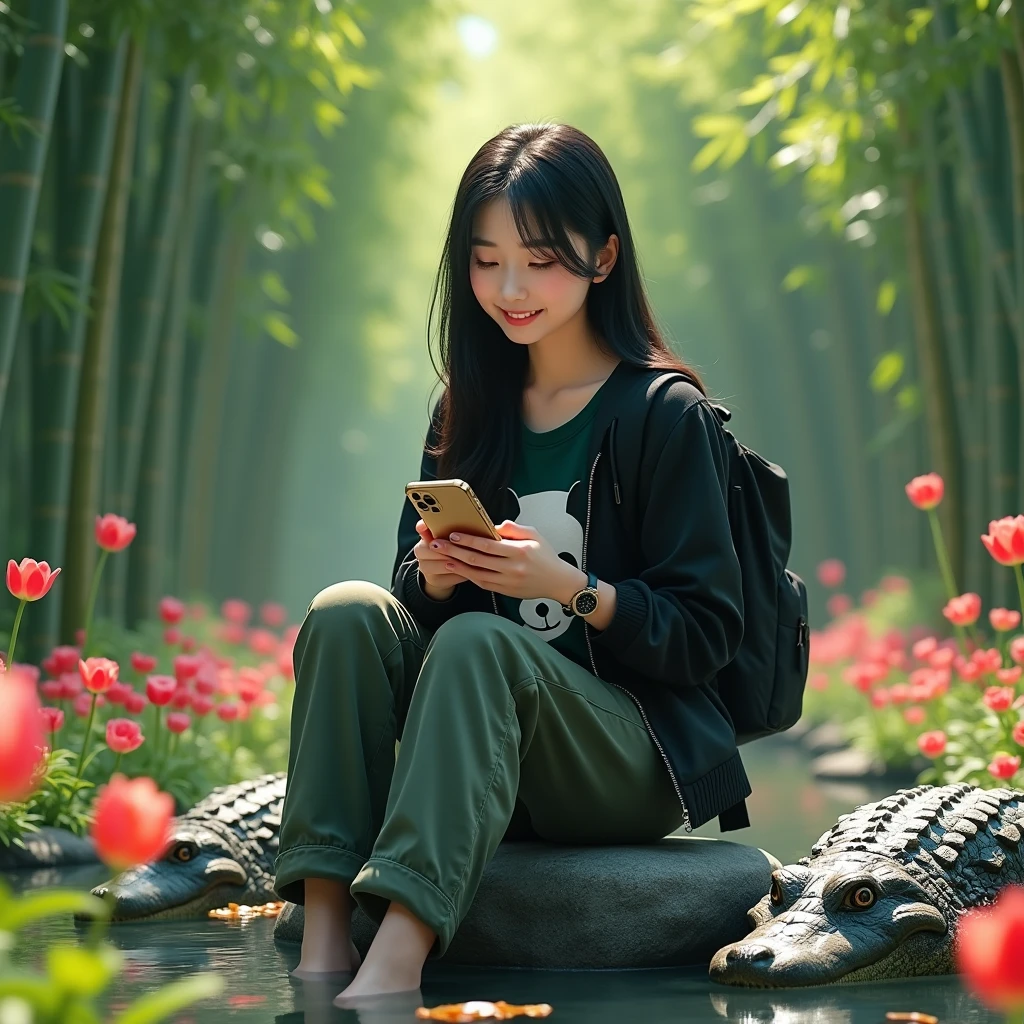 Beautiful Korean girl, white skin, well-groomed face, long straight black hair, wearing a black jacket, jeans, dark green highlighter t-shirt, panda pattern, cargo pants, backpack, wearing a cool watch, sitting on a rock holding an iPhone 14 Promex, there are crocodiles roaming around, in the background Behind the vast green bamboo trees, tulips and roses are blooming, looking authentic, real and realistic in the photoHigh Resolution, Lens Flare, 8K Octane,