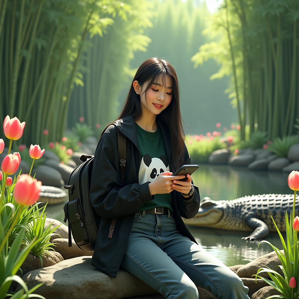 Beautiful Korean girl, white skin, well-groomed face, long straight black hair, wearing a black jacket, jeans, dark green highlighter t-shirt, panda pattern, cargo pants, backpack, wearing a cool watch, sitting on a rock holding an iPhone 14 Promex, there are crocodiles roaming around, in the background Behind the vast green bamboo trees, tulips and roses are blooming, looking authentic, real and realistic in the photoHigh Resolution, Lens Flare, 8K Octane, 