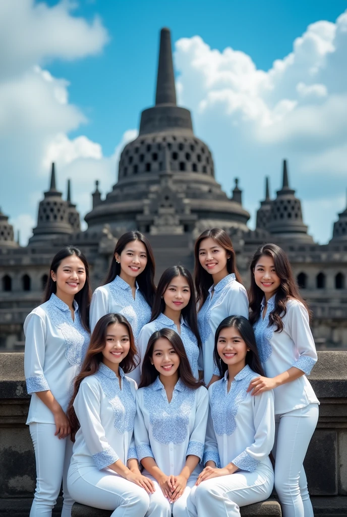 professional photography there are 8 beautiful Indonesian women, standing and sitting poses, wearing a white shirt with a matching blue pattern, with a smile, with the background of the beautiful Borobudur temple with bright blue clouds. ultrahd+, fullHD, realistic, must be detailed , SHARP OBJECT FOCUS