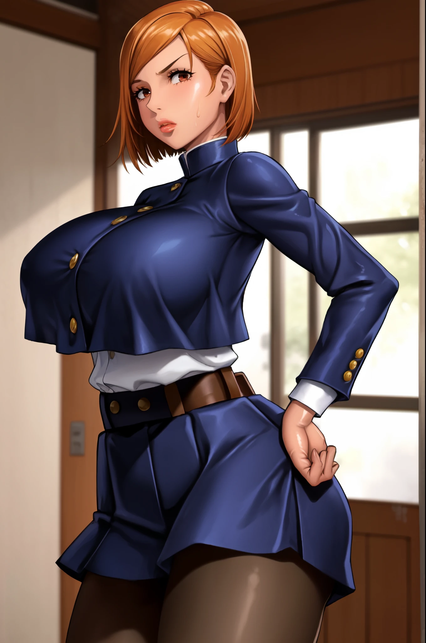 NobaraSU1,One girl, alone, short hair, Orange Hair, nsfw, Brown eyes, View Viewer, bangs, big lips, big plump lips, bimbo lips, Cowboy Shot, skirt, Long sleeve, high-waist skirt, Angry face,Irritability,pantyhose, black pantyhose, Hourglass Shape, blue skirt,  turtleneck, Sweat drops, Hair behind the ear, (Blue jacket), Blue clothes,  belt,Shiny Hair, button, Crop top overhang,  Hourglass Shape,indoor,(thin_Waist:1.6),(narrow_Waist:1.4), Breaking the masterpiece, highest quality, Highly detailed background, perfect lightinghighest quality, ((Shiny skin, Shiny skin, Detailed skin)),(beautiful huge breast), huge fake tits, ass implants, big ass, wide hips, thick thighs, cleavage, busty,full bust,toned,((Clothed Big Tits))