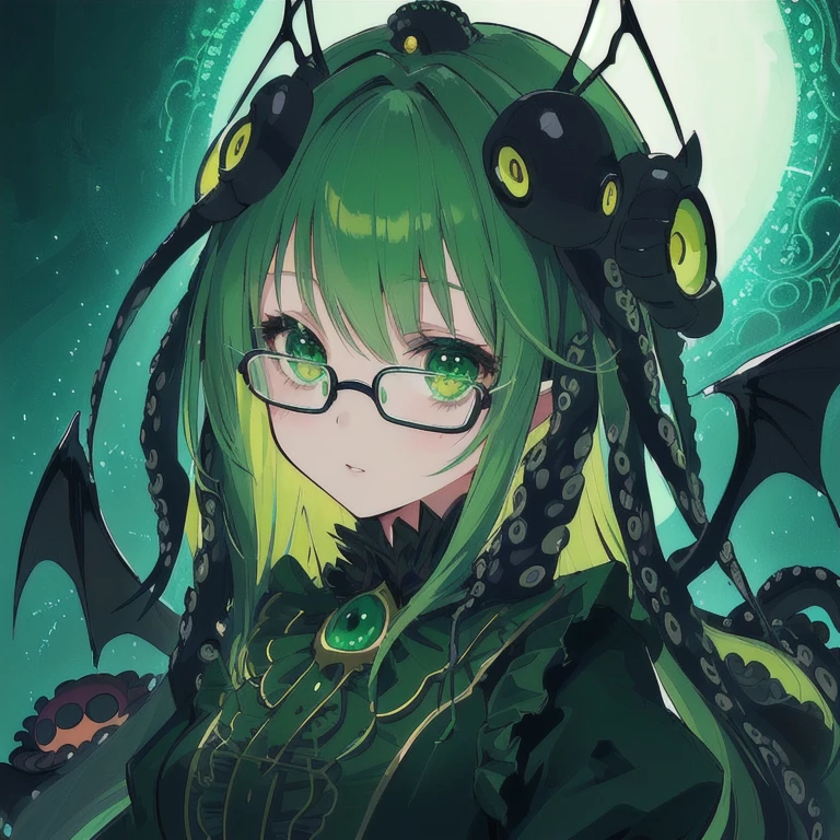 ちびキャラ、1girl, monster girl, (octopus:1.3hair), green dress, glasses, bat wings, Cthulhu, detailed eyes, beautiful lips, extremely detailed face, intricate details, dark fantasy, surreal, horror, cinematic lighting, dramatic colors, moody atmosphere, masterpiece