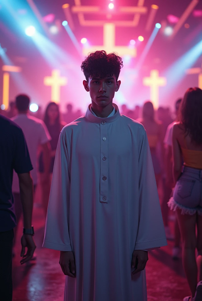 Male altar boy in a nightclub facing forward