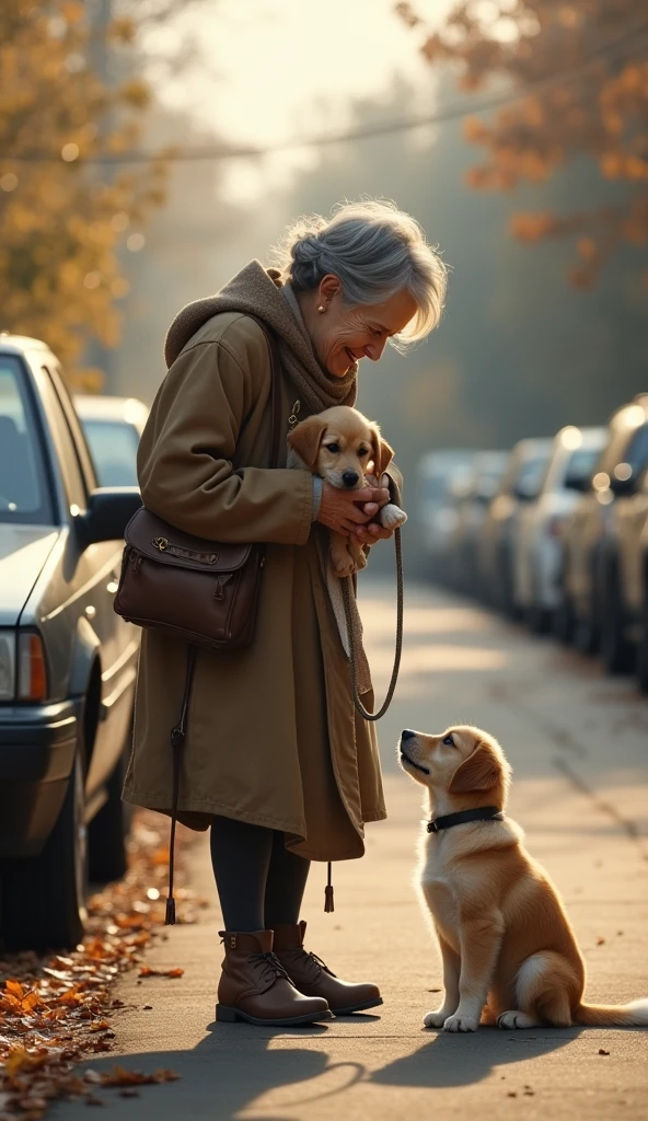 A kind old woman, walking her own dog, discovers Max huddled under a parked car. She looks down at the lost puppy with compassion and gently picks him up.