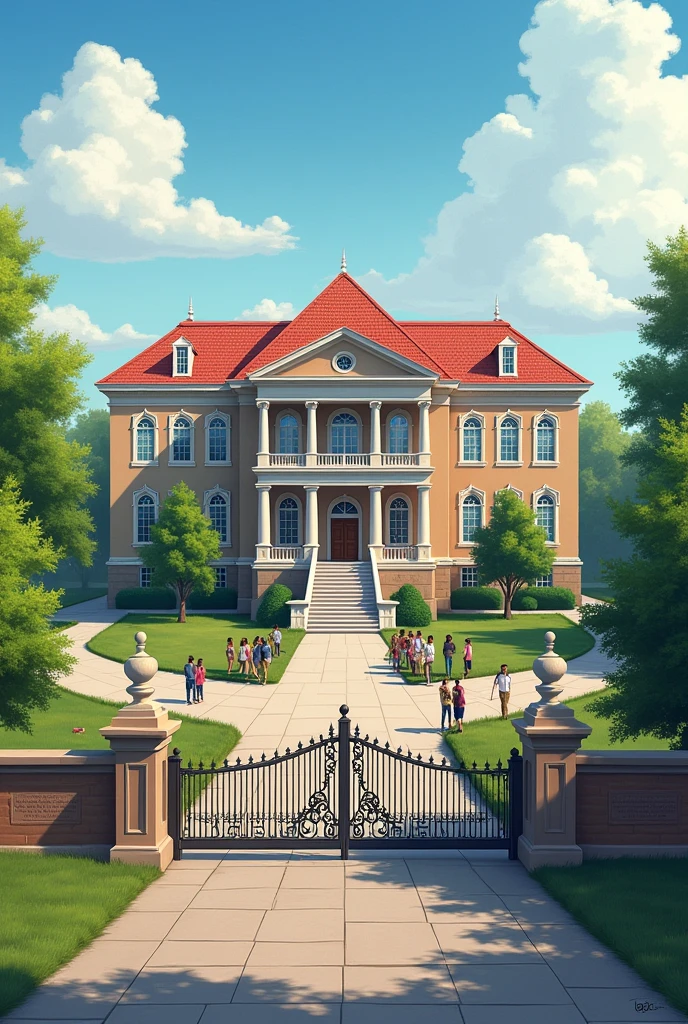 Build a three-story academy between four roads usa style.write Faizan-e-Aala Hazrat on main gate.stending the students front of academy.