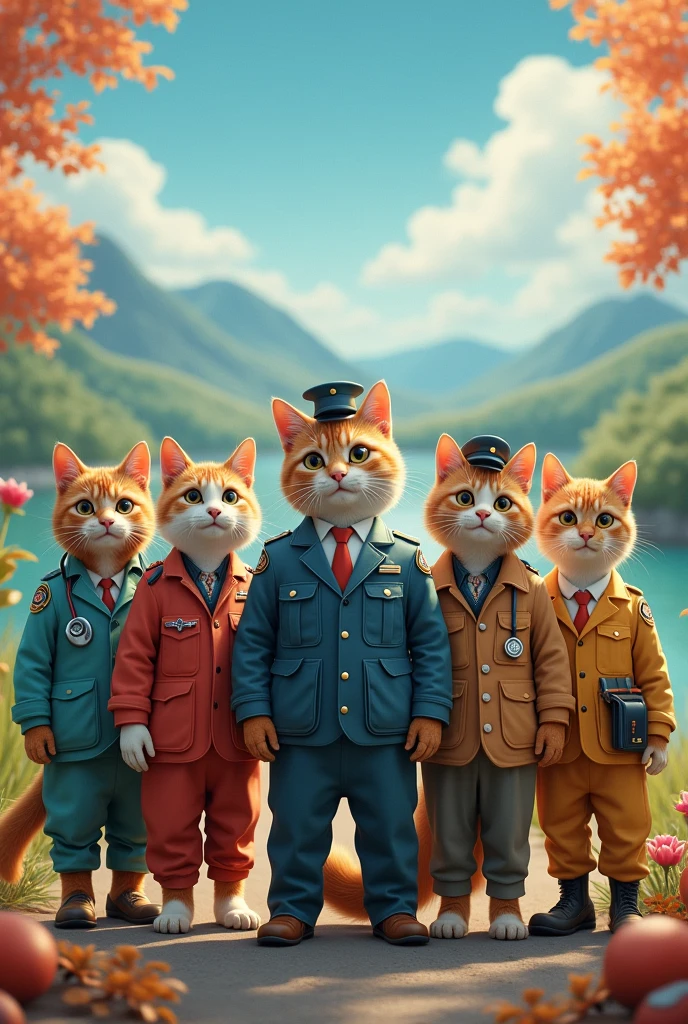 /generate "A beautiful background with seven anthropomorphic cats, each with a human body and standing on two legs. Each cat is dressed in a different professional uniform: a doctor, engineer, fireman, farmer, military officer, and police officer. The scene should highlight the unique attire of each cat in their respective job roles."
