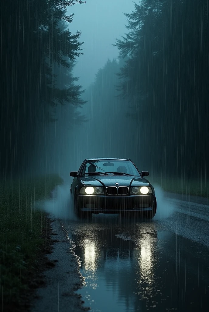 drive a car on a dark and gloomy road in rainy weather