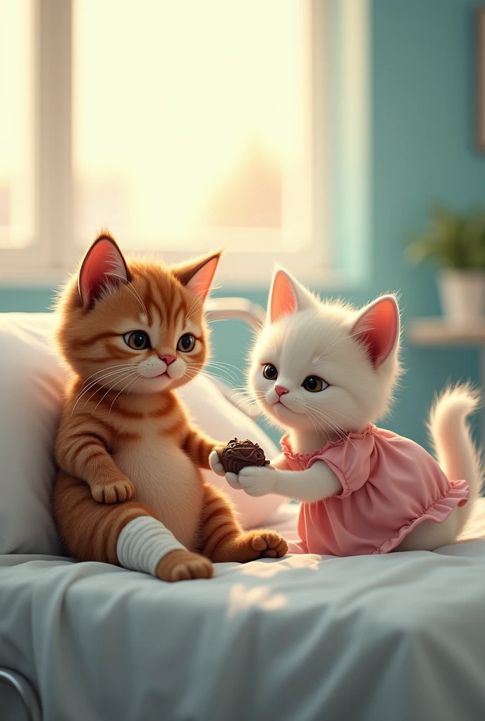 A boy cat with brown color in blue jeans lies in a hospital bed with a broken leg and a girl cat with white colour in pink frock comes to visit him in the hospital with chocolate ai image