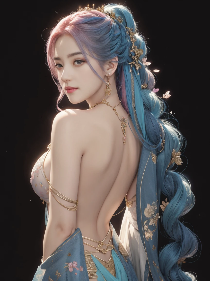 highly detailed, 8K, masterpiece, 1 girl, blue pink_hair, nude, Smile, (perfect_Face), boundary, close up, crazy, exist_Back, Gorgeous, complicated, Dramatic Lighting, 4K, detailed_Background, Caustics, full_Body,  