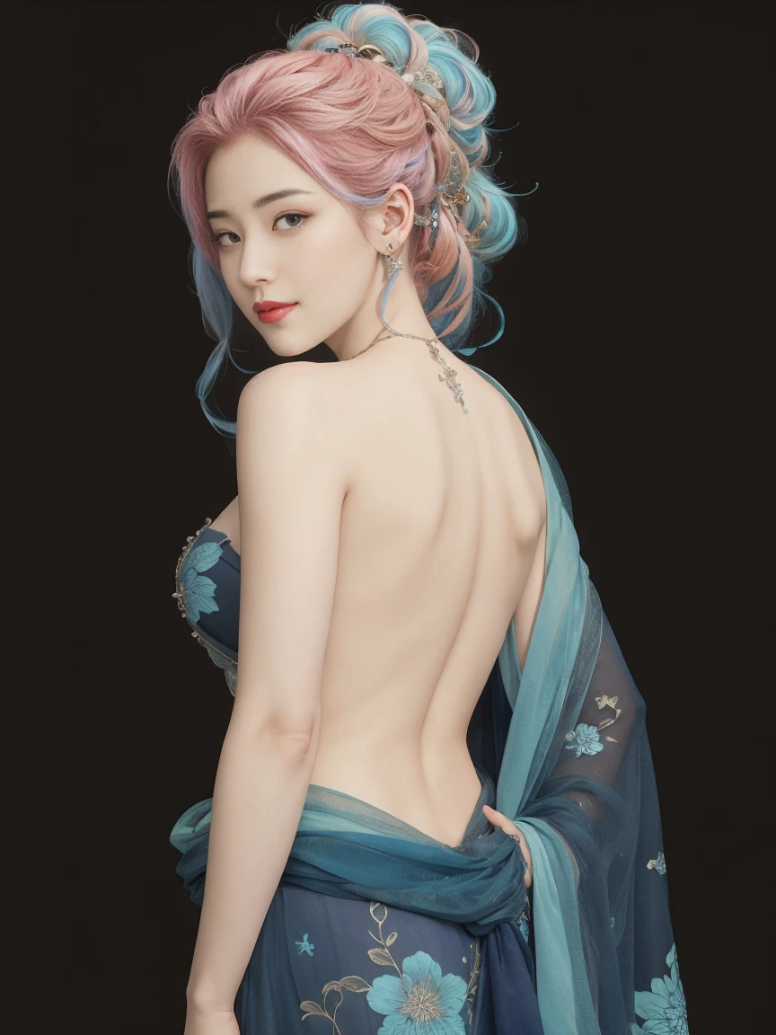 highly detailed, 8K, masterpiece, 1 girl, blue pink_hair, nude, Smile, (perfect_Face), boundary, close up, mad, exist_Back, Gorgeous, complex, dramatic lighting, 4K, detailed_Background, Caustics, full_Body, naked