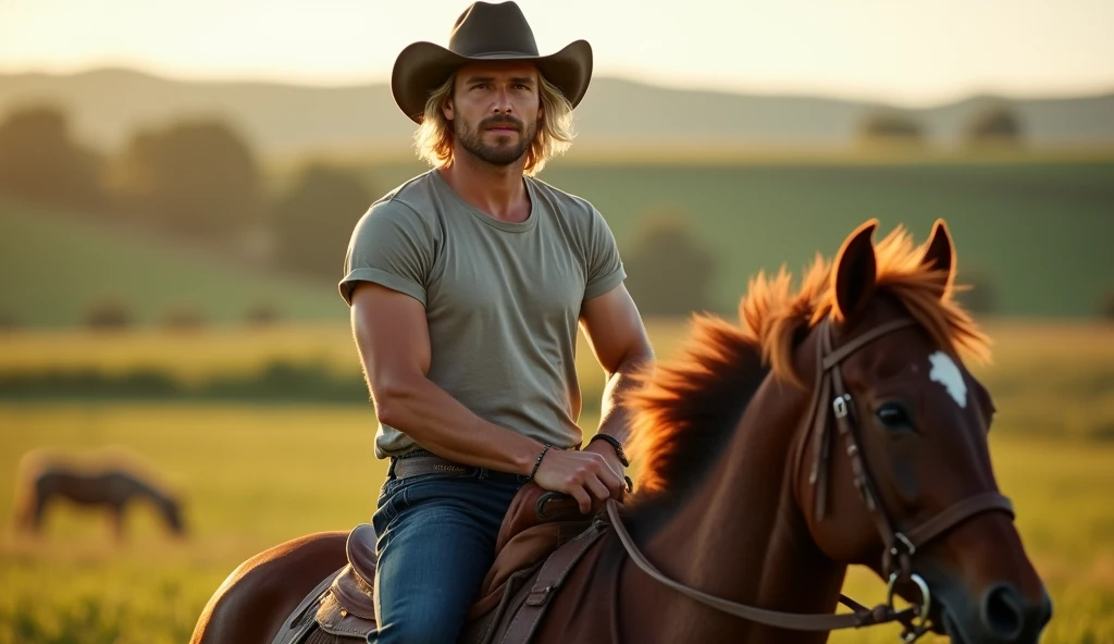 handsome man, medium length blonde hair, detailedeyes, nase, and lips, t - shirt, cowboy hat, riding a horse on a farm (best qualityer,4K,8k,high resolution,work of art:1.2),ultra detali,(realisitic,photorealisitic,photo-realisitic:1.37),HDR,studio lighting,extremely detailed face and body, portraite,cinematic lighting,dramatic lighting,warm color tones,dramatic colors