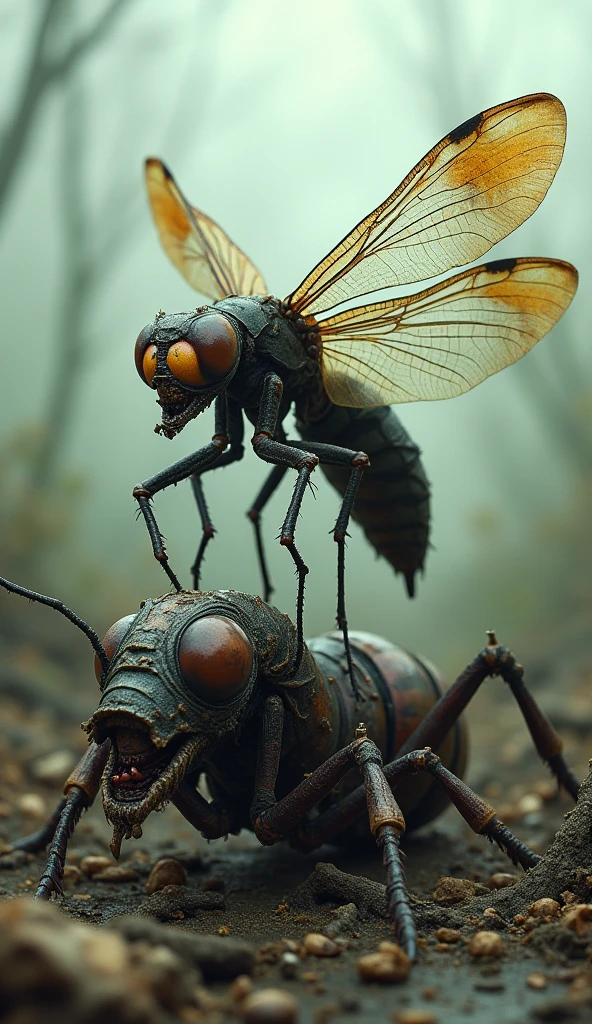 Mutanted dragon fly on a dead mutanted ant