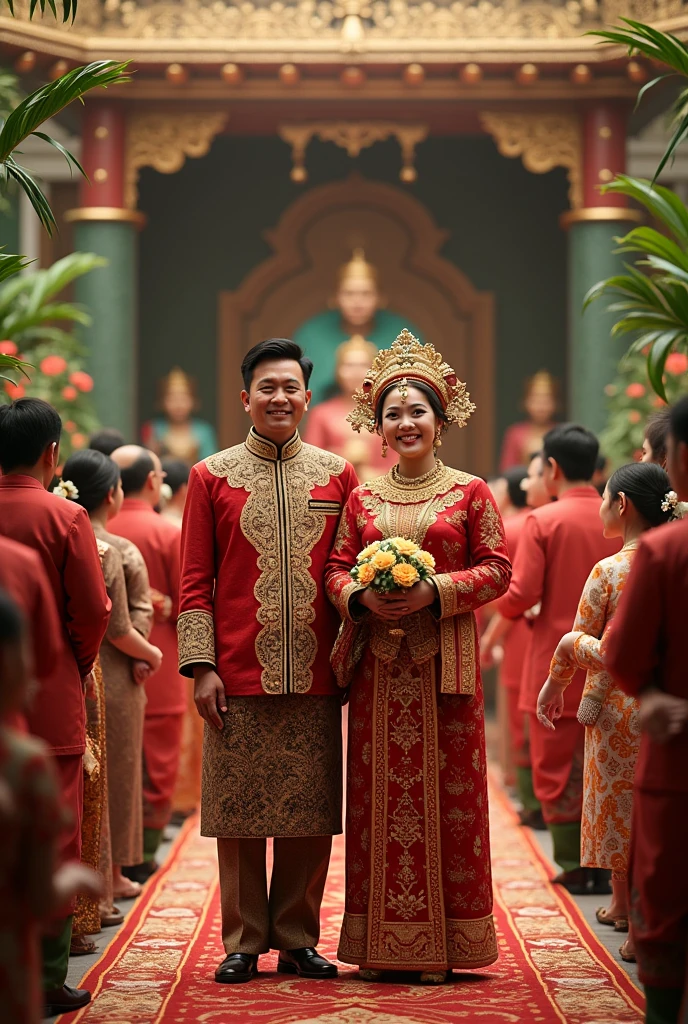 a traditional malay wedding ceremony, bride and groom sitting on the wedding dais, many guests taking photos of the couple with their phones, disturbing the wedding photographer, guests surrounding the photographer during the event, (best quality,4k,8k,highres,masterpiece:1.2),ultra-detailed,(realistic,photorealistic,photo-realistic:1.37),HDR,UHD,studio lighting,ultra-fine painting,sharp focus,physically-based rendering,extreme detail description,professional,vivid colors,bokeh,highly detailed traditional malay wedding,intricate malaysian traditional wedding attire,ornate wedding decor and decorations,warm lighting,emotional candid moments,cultural celebration,lush tropical foliage,cultural heritage,documentary style photography