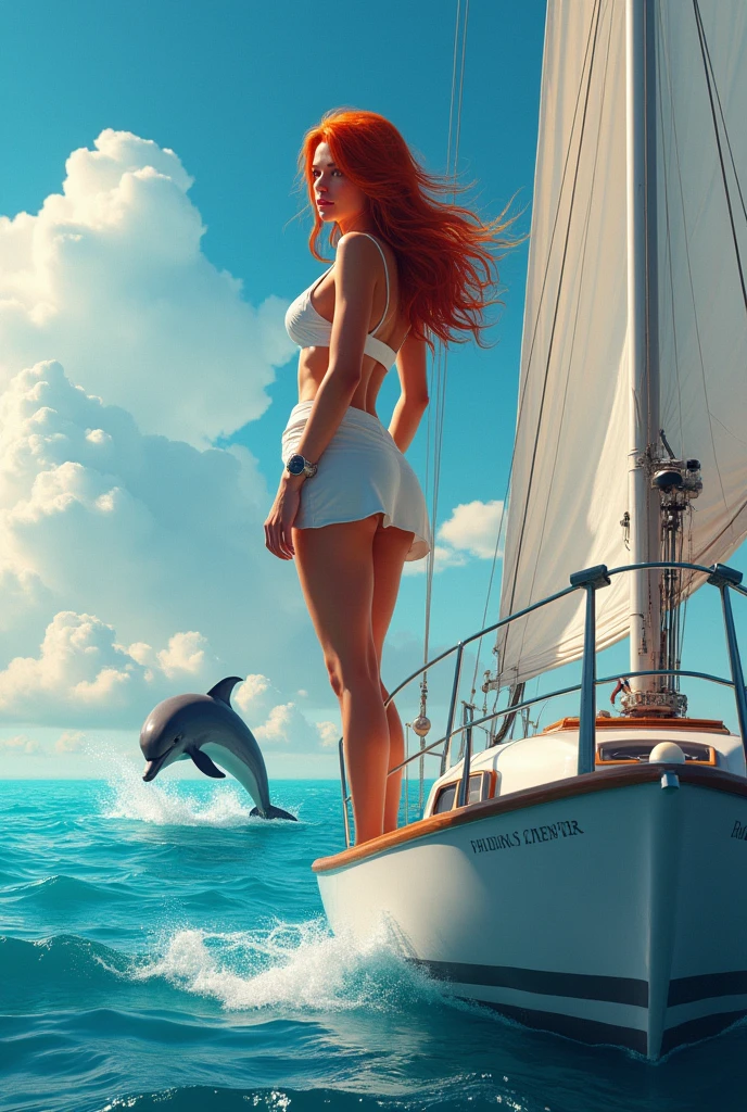 Tree beautiful woman red hair full body, short sexy dressed, on the beautiful sailboat, a Dolphin in the background jumping out the Sea, beautiful Sky, Digital art