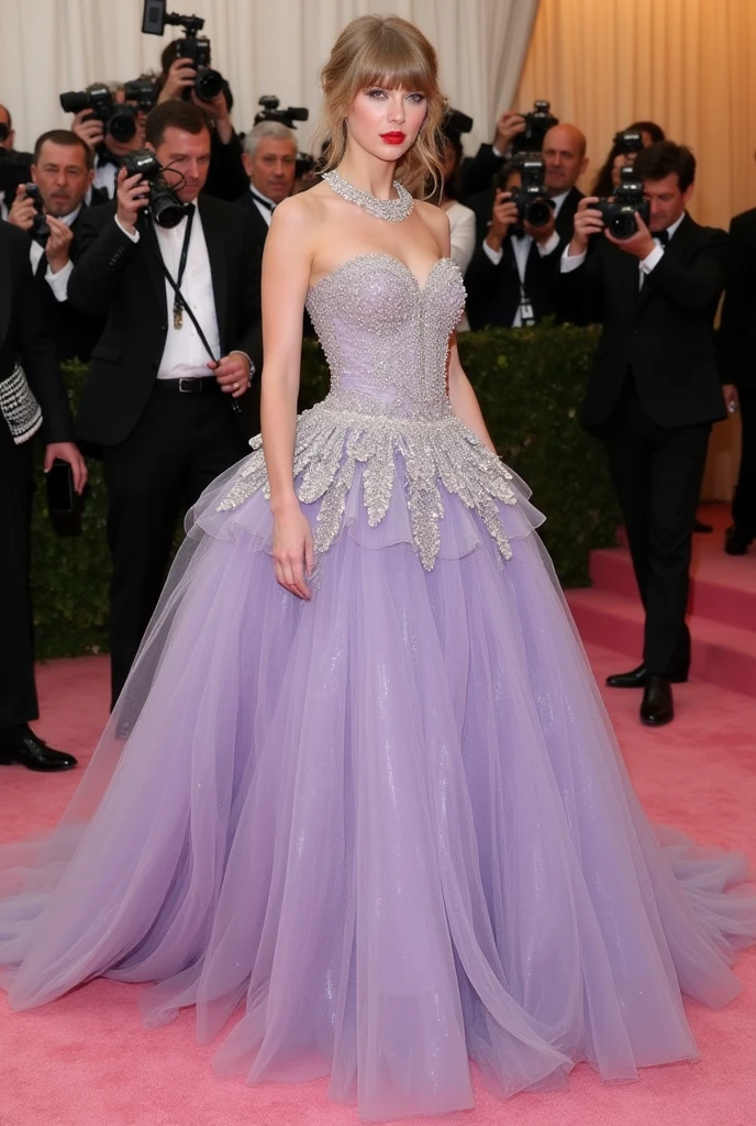New York MET GALA event, dress core XIX century ancient, Taylor swift, paparazzi behind, complete dress, light purple pearl dress, extravagant dress, pearls, many accessories. same dress for all photos, same dress three photos, same dress