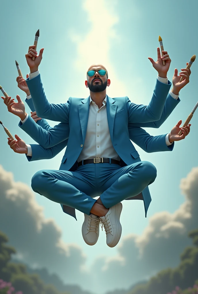 Bald man, beardless face, meditating sunglasses with blue blazer white sneakers floating with 6 arms, each hand an art tool