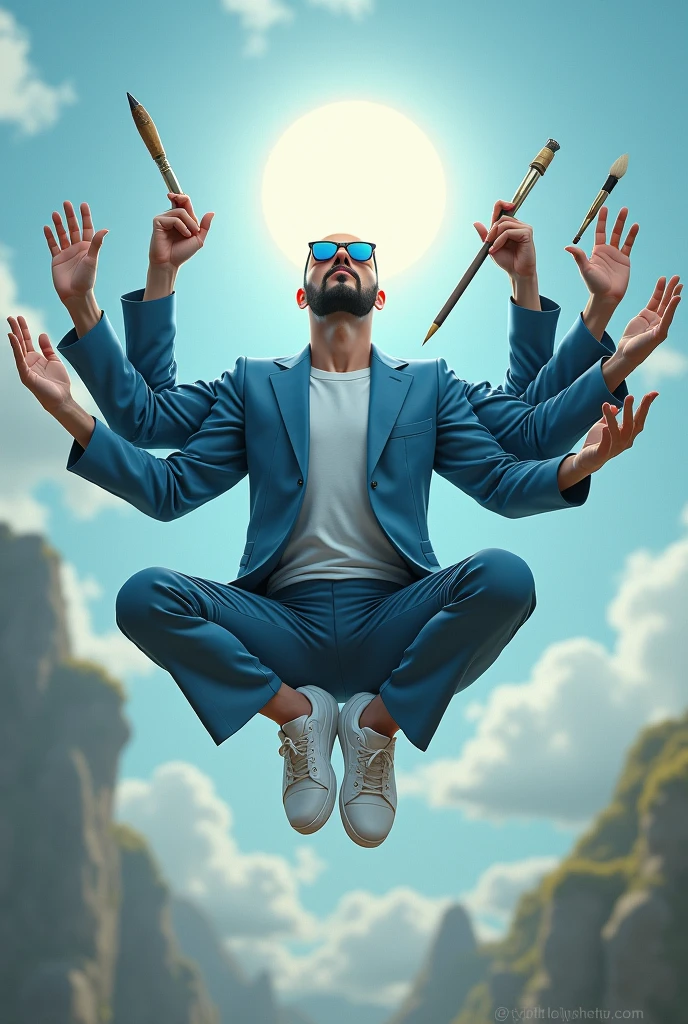 Bald man, beardless face, meditating sunglasses with blue blazer white sneakers floating with 6 arms, each hand an art tool