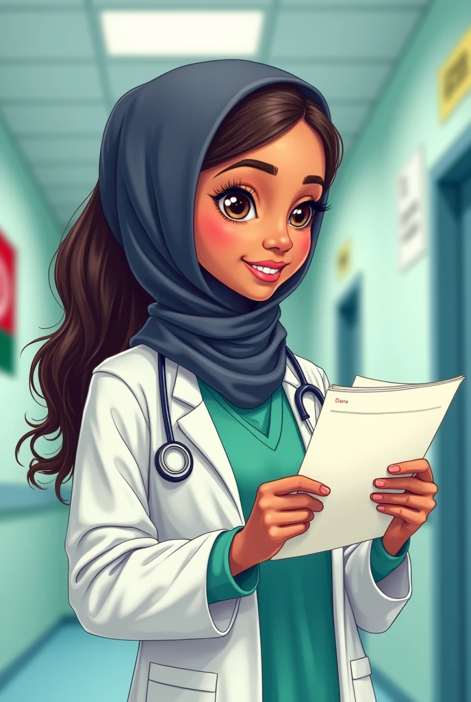 Make a acrtoon of cute muslim girl age 26,outfit Dr in hspital during checking  notes and write Dr Zaro name in her cout and background afghanistan flag and skin brown  and long hair and hijab.