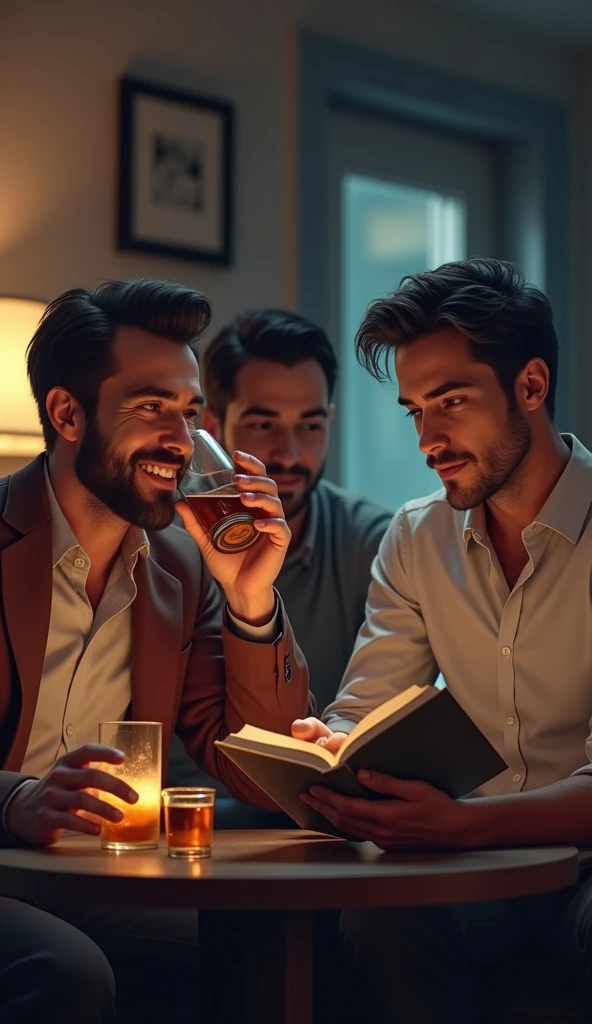 Two male friend in room alcohol drinking and one male friend reading book