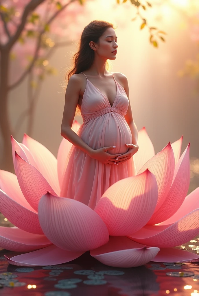 pregnant woman in a pink dress standing in a lotus flower, digital art inspired by Igor Kieryluk, cgsociety contest winner, digital art, maternal photography 4 k, beautiful digital artwork, beautiful digital illustration, beautiful digital art, beautiful digital painting, beautiful gorgeous digital art, gorgeous digital painting, very beautiful digital art, stunning digital illustration, gorgeous digital art, pregnant belly
