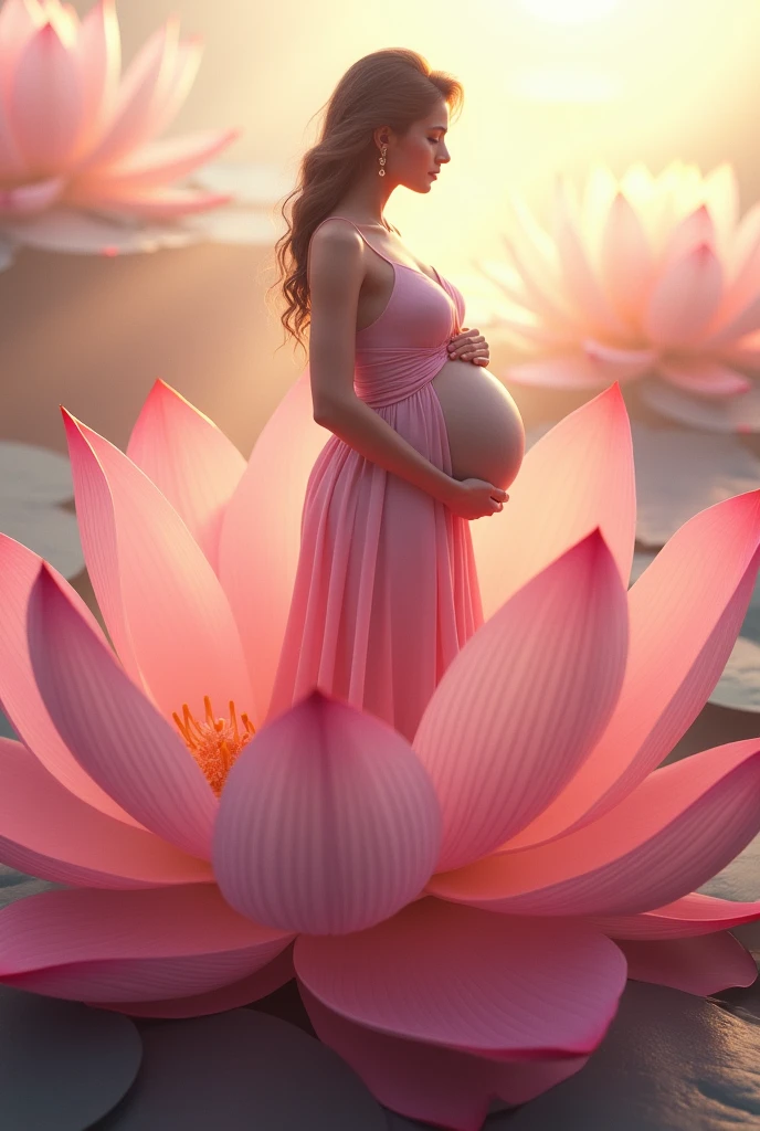 pregnant woman in a pink dress standing in a lotus flower, digital art inspired by Igor Kieryluk, cgsociety contest winner, digital art, maternal photography 4 k, beautiful digital artwork, beautiful digital illustration, beautiful digital art, beautiful digital painting, beautiful gorgeous digital art, gorgeous digital painting, very beautiful digital art, stunning digital illustration, gorgeous digital art, pregnant belly