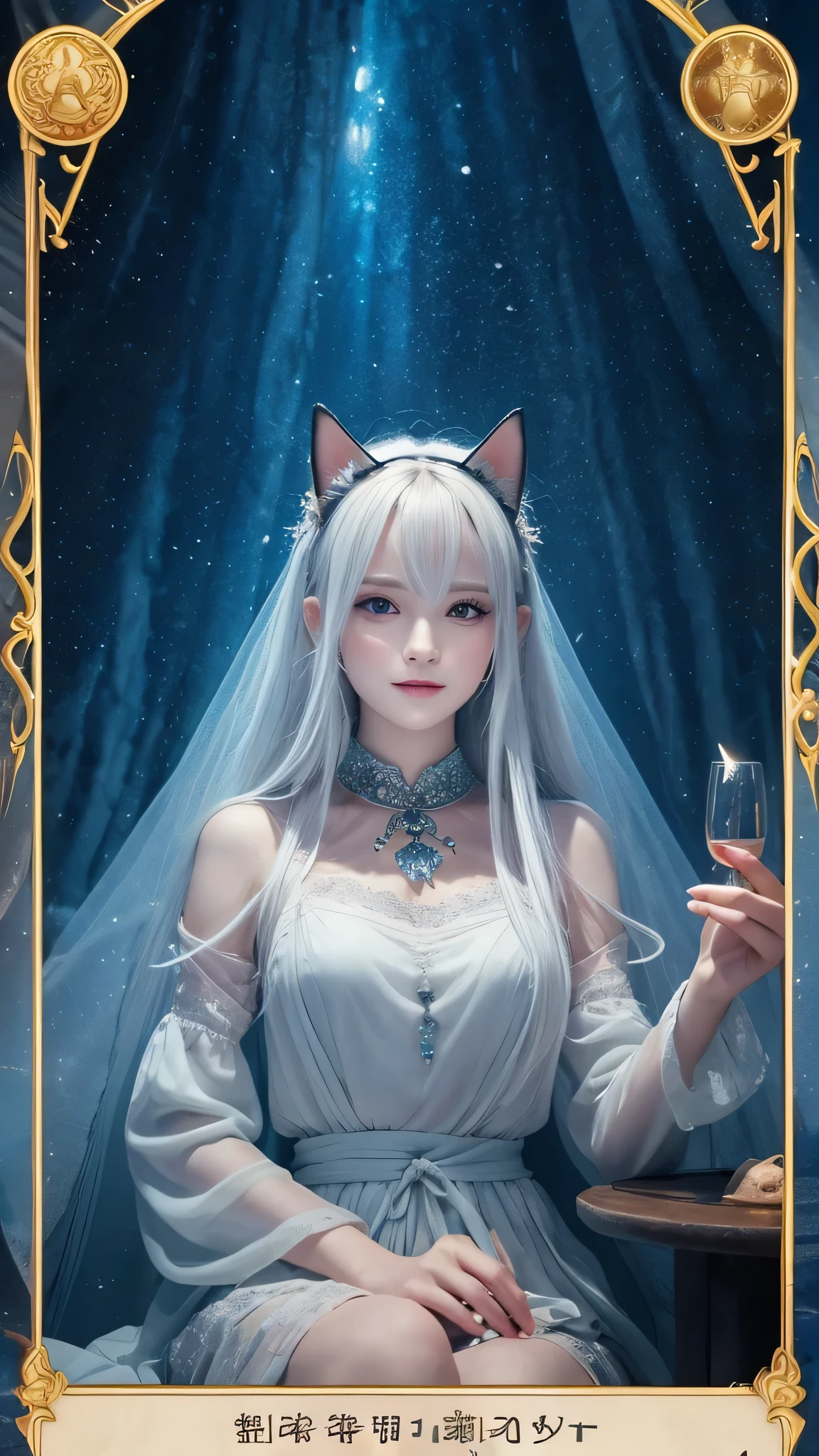 (masterpiece, highest quality, highest quality, official art, beautiful and aesthetic: 1.2), (one girl: 1.3), wavy long hair, white hair, Cat ears on the head,highly detailed portrait, highly detailed hands, looking at the viewer, alone, (whole body: 0.6), detailed background, close, shining eyes, (cold arctic winter theme: 1.1), fortune teller, Charlatan, grin, Mysterious, sitting at the table, カラフルな肩のないゆるいジプシーfortune tellerの服, holy grail, tarot cards, Crystal jade, Medieval (inner tent: 1.1) background, tent curtain on background, dark Mysterious lighting, Shadow, magical atmosphere, starry night, dutch angle, healing and guidance, transcendental beauty, fractal art, Seaweed,