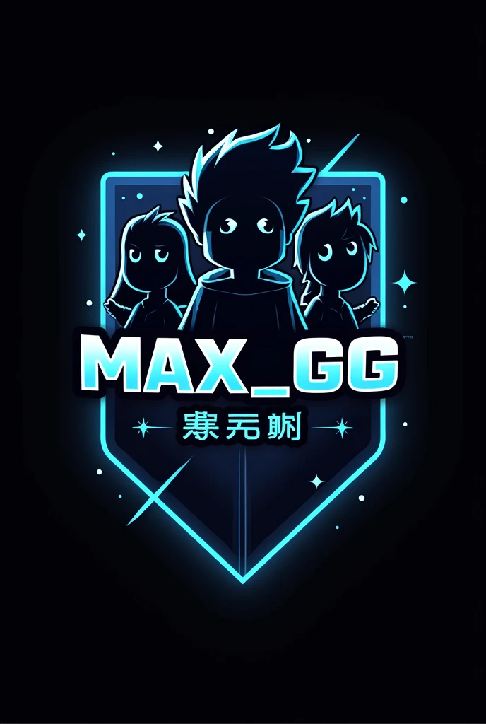 Logo Name MAX_GG Black background, blue, white, black, please have effects and anime, please have cartoon characters.