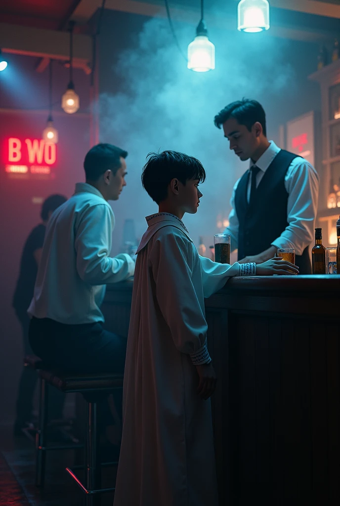 Male altar boy in a nightclub facing the bartender