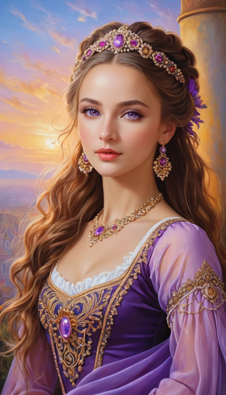 (High resolution,masterpiece:1.2),(Realistic:1.37)"(Highest quality, High resolution, Very detailed, Realistic),Portrait of a beautiful Ukrainian ballet dancer from the 19th century, (She is half Ukrainian and half Kenyan., She is a stunning beauty with deep purple eyes and a high nose.:1.1), Exquisite ballet costumes, Detailed facial features, Long and graceful neck, Flowing locks of hair, Calm and elegant posture, Soft and delicate lighting, Classical Oil Painting Medium, Vibrant colors, Delicate background with star motif", Dreamy atmosphere, Surrealism,Mysterious Aura