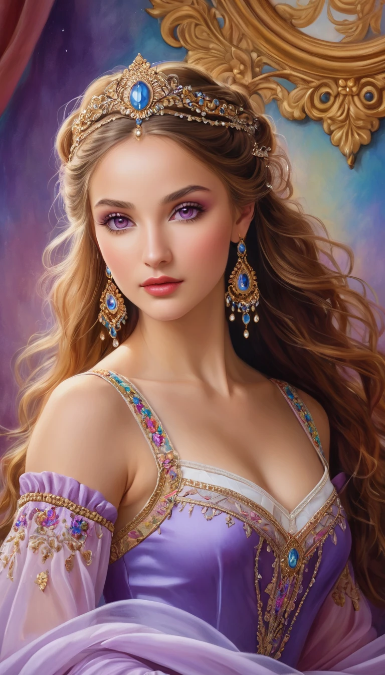 (High resolution,masterpiece:1.2),(Realistic:1.37)"(Highest quality, High resolution, Very detailed, Realistic),Portrait of a beautiful Ukrainian ballet dancer from the 19th century, (She is half Ukrainian and half Kenyan., She is a stunning beauty with deep purple eyes and a high nose.:1.1), Exquisite ballet costumes, Detailed facial features, Long and graceful neck, Flowing locks of hair, Calm and elegant posture, Soft and delicate lighting, Classical Oil Painting Medium, Vibrant colors, Delicate background with star motif", Dreamy atmosphere, Surrealism,Mysterious Aura