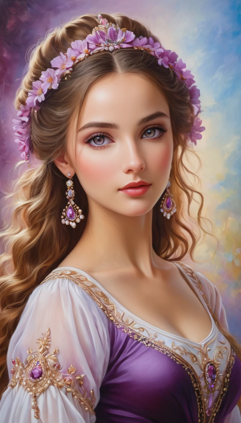 (High resolution,masterpiece:1.2),(Realistic:1.37)"(Highest quality, High resolution, Very detailed, Realistic),Portrait of a beautiful Ukrainian ballet dancer from the 19th century, (She is half Ukrainian and half Kenyan., She is a stunning beauty with deep purple eyes and a high nose.:1.1), Exquisite ballet costumes, Detailed facial features, Long and graceful neck, Flowing locks of hair, Calm and elegant posture, Soft and delicate lighting, Classical Oil Painting Medium, Vibrant colors, Delicate background with star motif", Dreamy atmosphere, Surrealism,Mysterious Aura