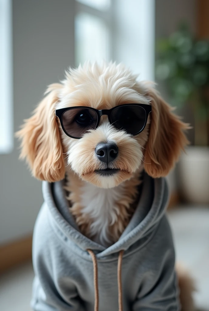 Dog with grey sweatshirt and sunglasses. 