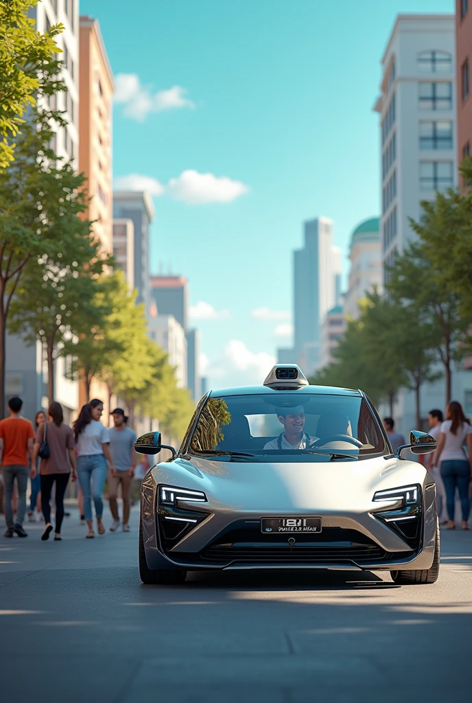Create an advertisement for a taxi company, by application called UBIX. Where you see a fleet of vehicles and some passengers And add the slogan Welcome to the future, You can add a driver and a Vehicle. improve it