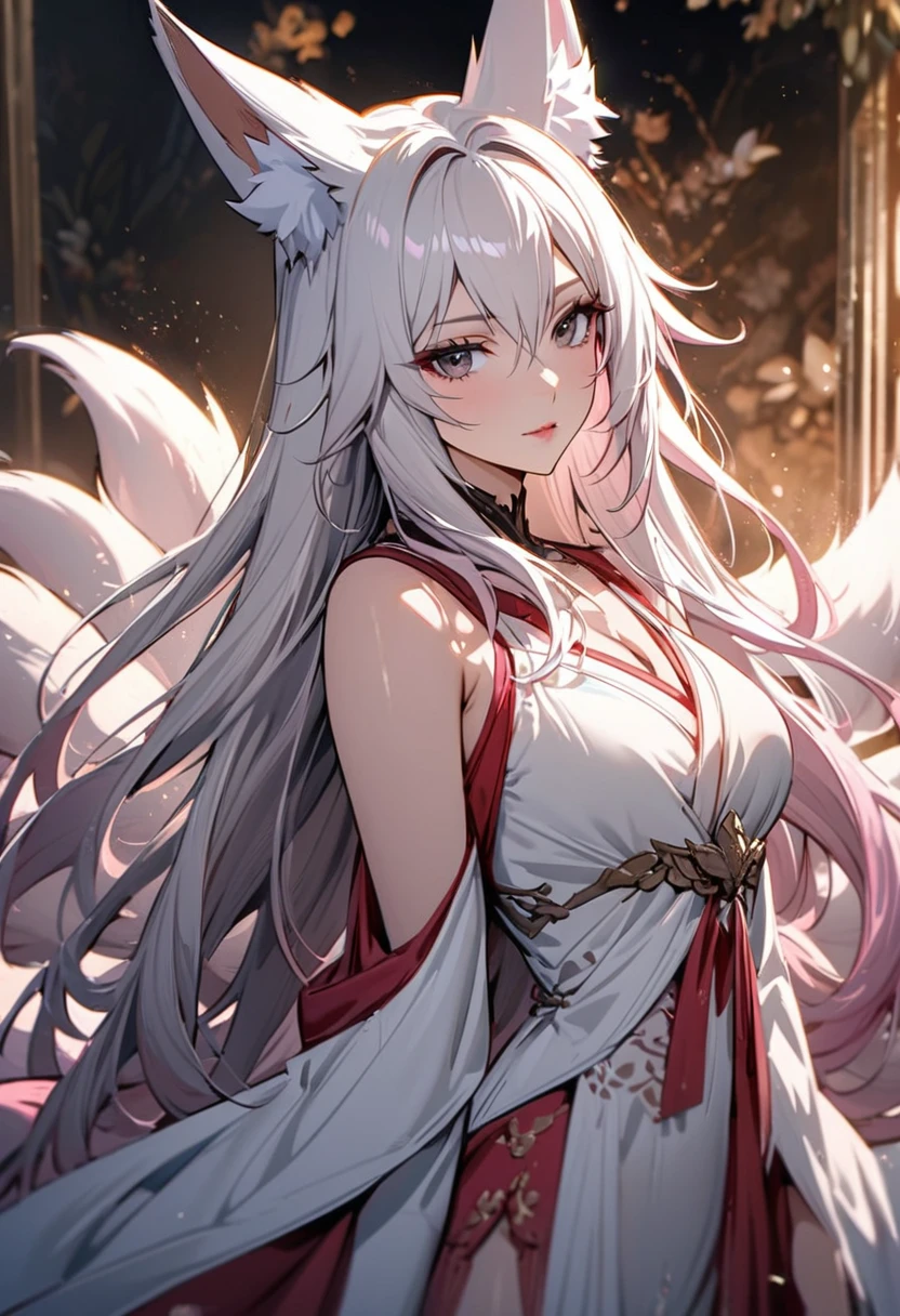 female, nine-tailed female, female fox, nine-tailed fox, fox ears, white hair, pink hair, long hair, black eyes, beautiful, beautiful color, mature, dress, high detail, beautiful eyes, macro picture, high detail