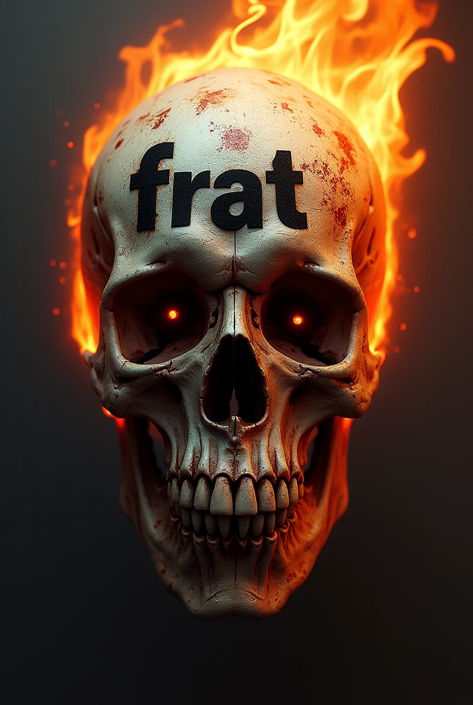 Skull on fire with bullet marks and the word frat written on it