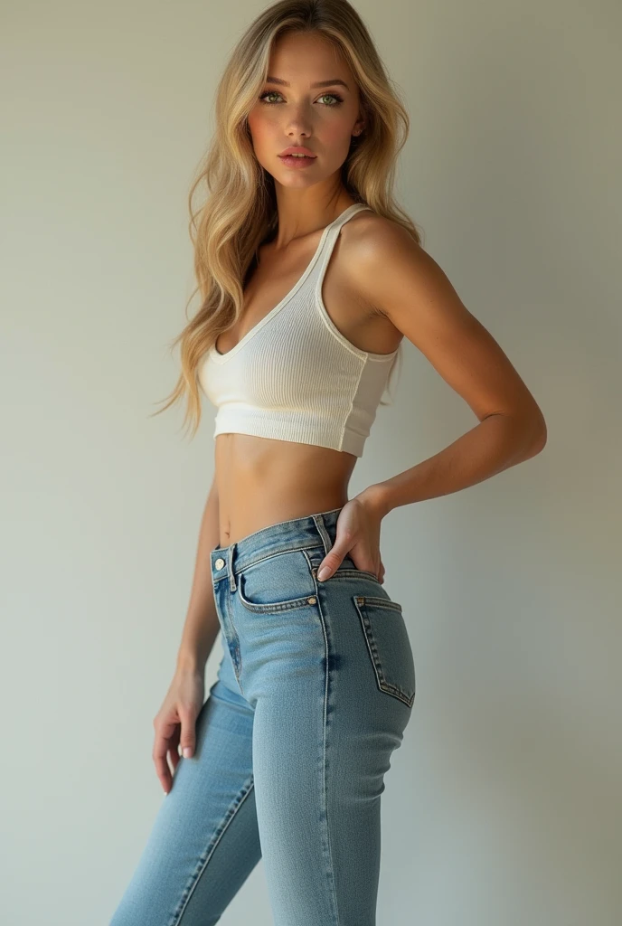 Ukrainian girl, blonde long wavy hair, green eyes, pouty lips, generous chest, debout, dressed in jeans, croc top, sneaker, sexy et réaliste