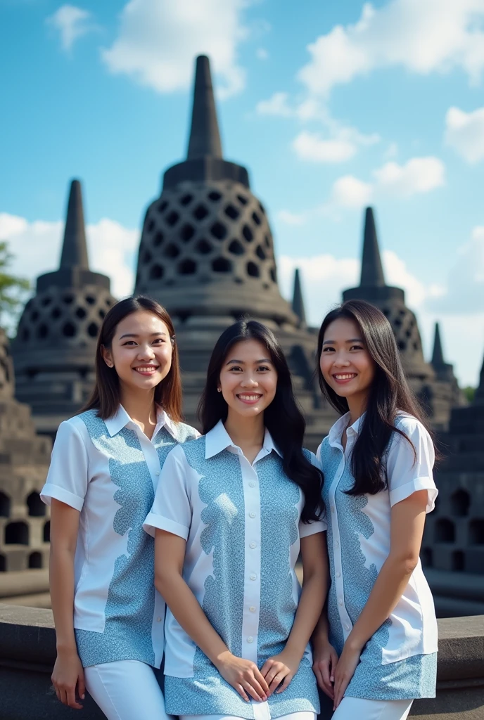 professional photography there are 8 beautiful Indonesian women, standing and sitting poses, wearing a white shirt with a matching blue pattern, with a smile, with the background of the beautiful Borobudur temple with bright blue clouds. ultrahd+, fullHD, realistic, must be detailed , SHARP OBJECT FOCUS