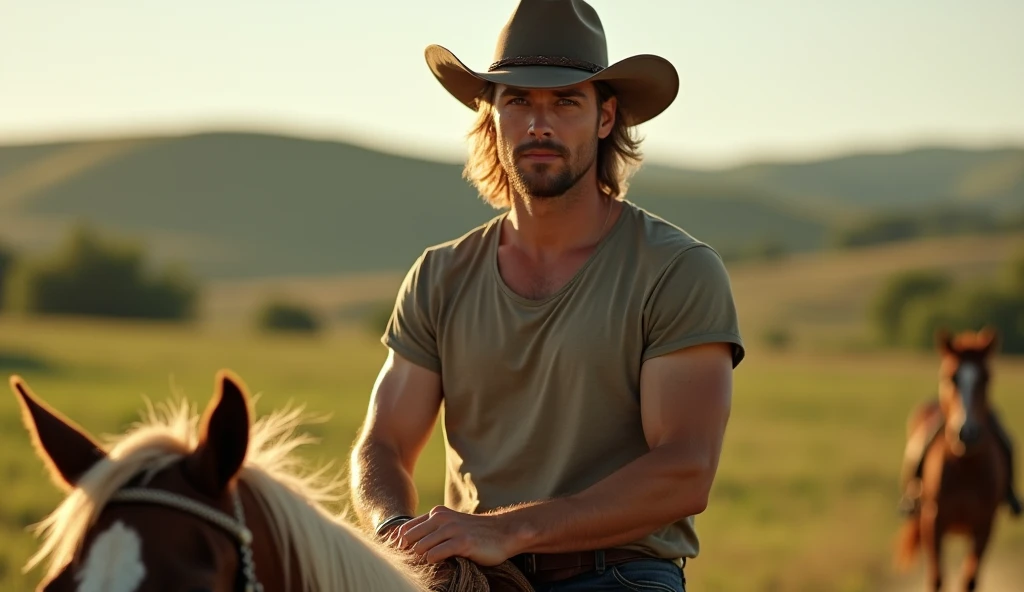 **Description:** The scene captures a moment of serene connection with nature, featuring a blonde male model with striking blue eyes that add to his undeniable charm. His athletic and toned physique is prominently displayed as he is shirtless, showcasing his sun-kissed skin while wearing rugged jeans, boots, and a stylish white hat, exuding a blend of rugged and casual summer style. **Situation:** In this breathtaking and sunlit scene, the model stands confidently near the edge of a tranquil lake, surrounded by lush greenery and colorful wildflowers. The lake's surface is calm and reflective, mirroring the vibrant hues of purples, pinks, and yellows from the blooming flowers along the shore. The sky above is a clear, bright blue, and the sun’s warm rays illuminate the model’s defined muscles and the rich textures of the surrounding landscape. His stance is relaxed and contemplative, with one hand resting lightly on a nearby rock or tree and the other casually by his side. His gaze is directed towards the serene lake, his expression a blend of awe and tranquility, as he takes in the stunning beauty of the natural setting. The gentle breeze rustles through his blonde hair and white hat, adding a sense of movement and life to the scene. The natural lighting enhances the model’s features and the vibrant colors of the lake and flowers, creating a peaceful, harmonious atmosphere. The combination of the model’s relaxed demeanor, rugged attire, and the idyllic lakeside setting captures the essence of a summer escape—where the beauty of nature meets effortless style. **Keywords:** summer, fashion, lake, rugged, shirtless, jeans, boots, white hat, model, nature, flowers, scenic, outdoors, tranquility, natural beauty, relaxed, stylish, toned, captivating.
