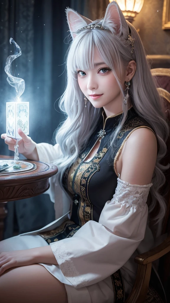 
(masterpiece, highest quality, highest quality, official art, beautiful and aesthetic: 1.2), (one girl: 1.3), wavy long hair, white hair, Cat ears on the head,highly detailed portrait, highly detailed hands, looking at the viewer, alone, (whole body: 0.6), detailed background, close, shining eyes, (cold arctic winter theme: 1.1), fortune teller, Charlatan, grin, Mysterious, sitting at the table, カラフルな肩のないゆるいジプシーfortune tellerの服, holy grail, tarot cards, Crystal jade, Medieval (inner tent: 1.1) background, tent curtain on background, dark Mysterious lighting, Shadow, magical atmosphere, starry night, dutch angle, healing and guidance, transcendental beauty, fractal art, Seaweed,